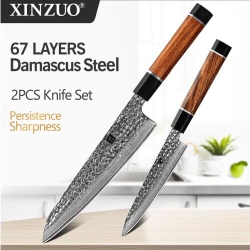 XINZUO 2PCS Chef Knife Set Damascus Steel Nakiri Utility Knife Meat Utility Knives Cutter North America Desert Ironwood Handle