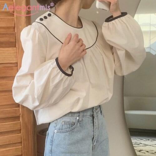 Aeleagntmis Puff Sleeve Vintage O Neck Women Sweet Solid Blouse Shirt 2021 Spring Elegant Chic Long Sleeve Female Blouse Shirts