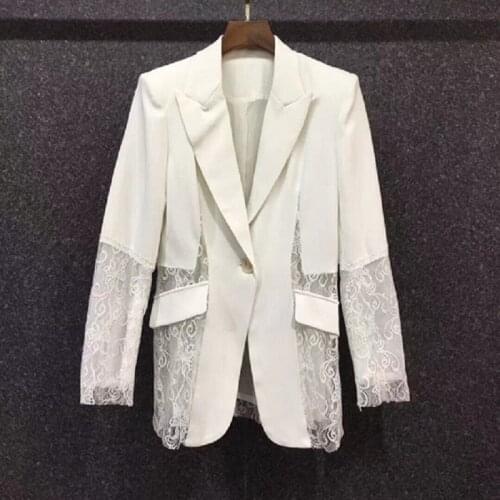 High Quality Blazers 2021 Autumn Winter Business Women Notched Collar Lace Patchwork Single Button Elegant White Blazers Female