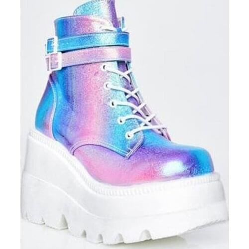 2020 New Autumn Women Platform Boots Fashion Thick Bottom Ankle Boots Wedges Shoes Woman Lace Up Buckle Ankle Boots Botas Mujer