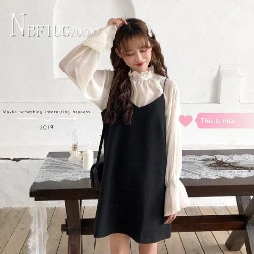 2020 Korean Fashion Casual Women Sets Autumn Blouse And Spaghetti Strap Dress Female Sets