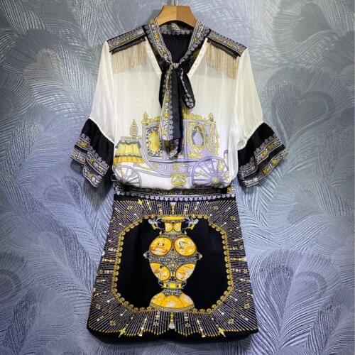 Seifrmann Women Fashion Summer Designer Skirts Sets Loose Bow Flare Sleeve Tops+High Waist A-Line Skirts 2 Two Pieces Suits 2021