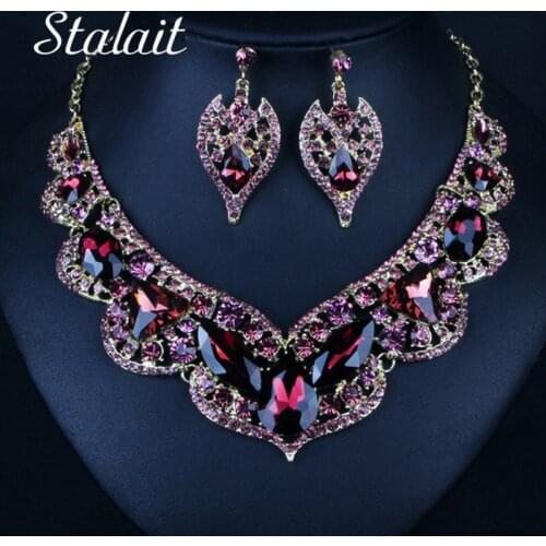 Bohemian Jewelry Sets Wedding Crystal Water Drop Fashion Bridal Gold Color Necklace Earrings Women Party Rhinestone Jewelry Sets