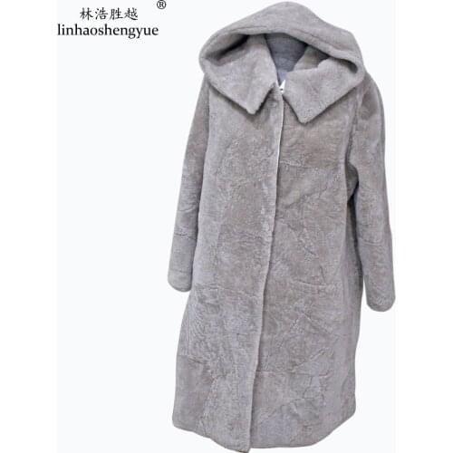 Linhaoshengyue Sheeps Cashmere Women Long Coat with Hood Special Cap Collar Fashion Women Coat
