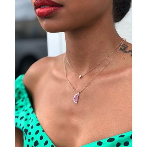 2021 ROSE Gold Color Summer Autumn Delicious Fruit Design Pink Cubic Zirconia Watermelon Cherry Pendant Fashion Necklace Jewelry