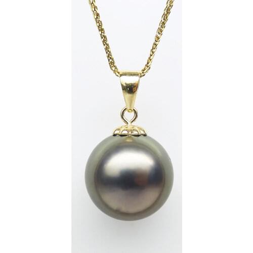 12MM Round Gray Genuine Tahitian Cultured Pearl Pendant 9K Solid Yellow Gold