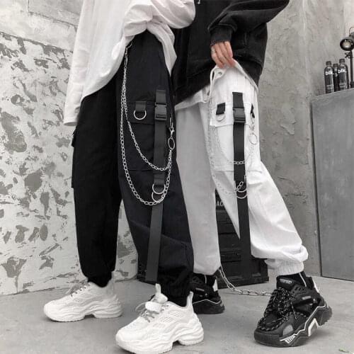 Men Cargo Pants Black chain Ribbons Multi-Pocket Harem Joggers Harajuku Sweatpant Hip Hop Casual Male Trousers