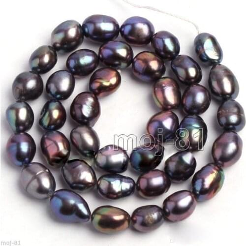 Genuine 9-10mm Natural Black Oval Freshwater Pearl Loose Beads Strand 14" AAA