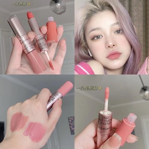 2IN1 Double Head Matte Liquid Velvet Lip Stick+Lip Gloss Waterproof Long Lasting Glazed Lipstick Sexy Color Lip Tint Cosmetic