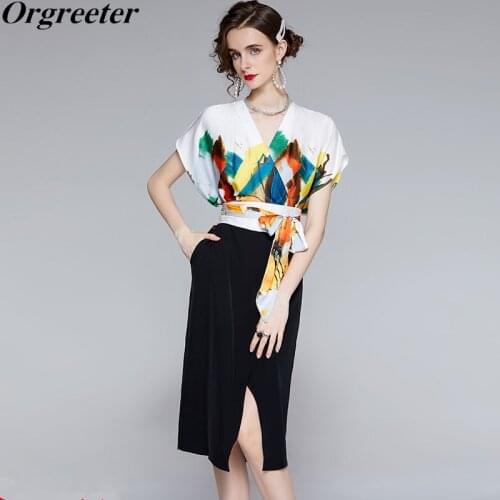 Elegant OL Summer Dress Women 2021 New Ink Painting Stitching V-neck Split Pencil Dress Female Sashes Lace-up One Piece Dress