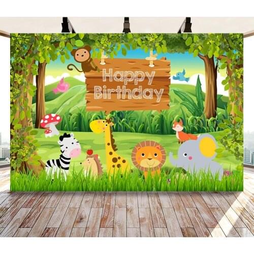 Spring Green Forest Animals Family Photo Background Newborn Baby Shower Kids Birthday Cartoon Backdrops For Table Decor