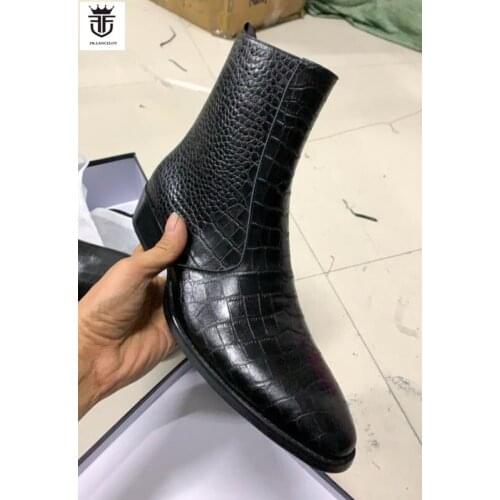 FR.LANCELOT 2020 New men booties shinny leather Chelsea Boots printed Ankle Boots Mens party shoes med heel 5cm male botas