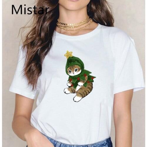 Christmas cat T-shirt Womens Printed Cartoon Tshirt Kawaii Clothing Woman funny cosply femme Graphic tees women drop ship