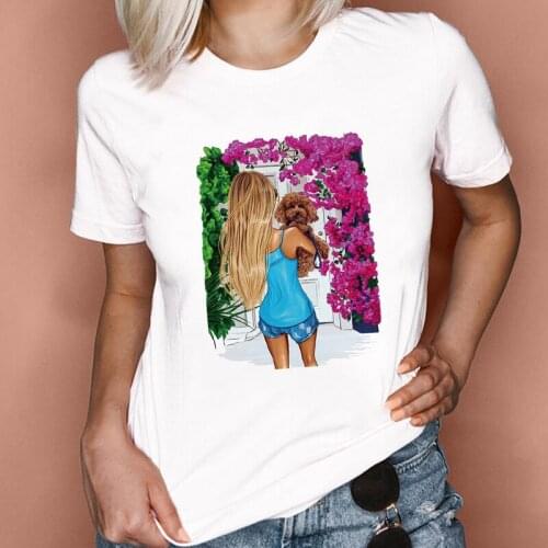 Women T Shirt Beautiful girl hugging a dog Fashion Clothes Tees Lady Tshirt for Female Tops Graphic Short sleeve T-shirt Womens