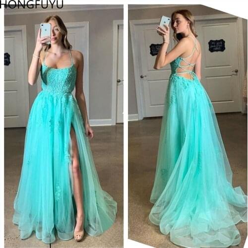 HONGFUYU A-line Tulle Prom Dresses vestidos de fiesta largos elegantes de gala Lace Appliques Evening Dresses Long Corset Back
