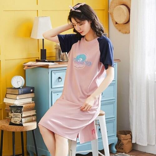 Cute Cartoon 100% Cotton Pijama Feminino Loose O-neck Casual Nightwear Dress Sweet Nightwear Female Nightgown Homedress