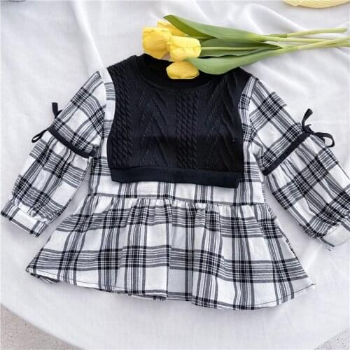 Girls Fashion Fake Two Blouse Spring Autumn Children Knitted Patchwork Long Shirt 2-7 Years Sweet Kids Plaid Top Clothes