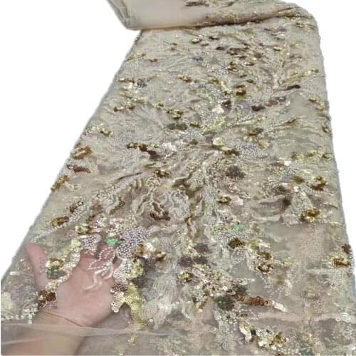 New 5 yard Handmade beads Tulle Lace Fabric Sequins Embroidered African French Lace For Wedding/evening / Party Dress DP-450