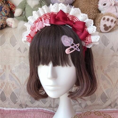 Lolita Handmade Hair Hoop Japanese Maid KC Cosplay Kawaii Candies Plaid Lace Bow Sweet Girl Headband Hair Accessories