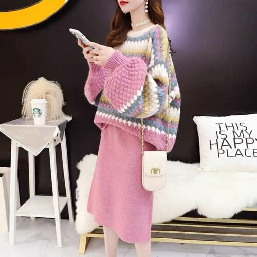 Autumn Winter Warm Kintted Two Piece Set Women O-neck Lantern Sleeve Loose Sweater + High Waist Slim Skirt Suits Female Fashion