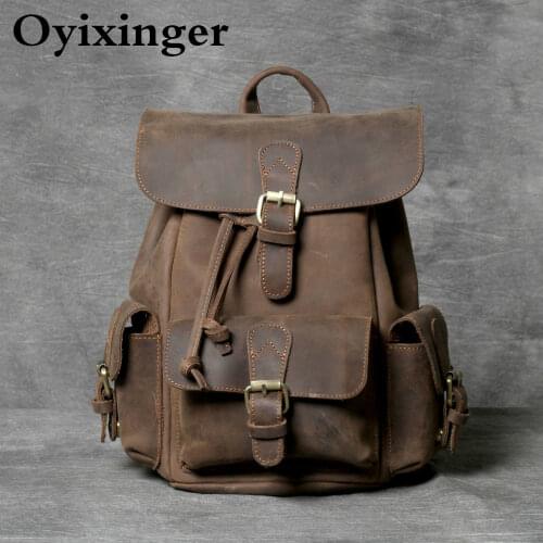 OYIXINGER Genuine Leather Backpack Crazy Horse Cowhide Bags For Women Handmade Backpacks For 11" IPAD Pro Retro Casual Bag