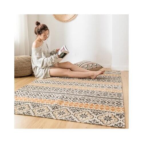 Retro Rectangular Carpet Striped Cotton Linen Living Room Bedroom Non-Slip Mat