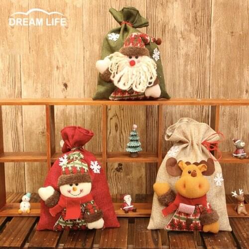 Christmas Decorations Linen Gift Bags Christmas Childrens Holiday Candy bags Chocolate Bags Home Decor Snowman Deer