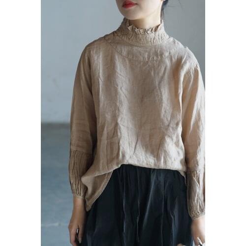 Natural linen French lace collar shirt comfortable design pastoral Shirts 0140
