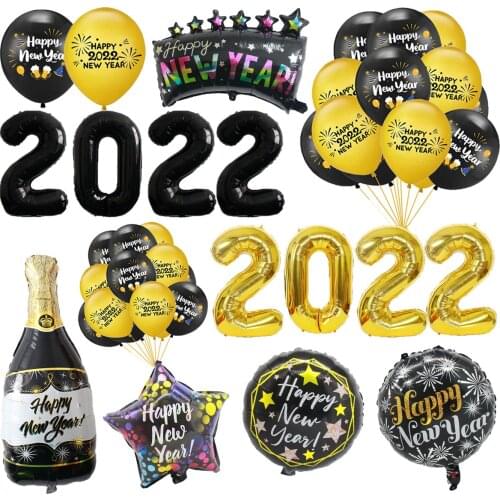 Gold Silver 2022 Digital Foil Balloons For Happy New Year Event Party Decoration Big Black Bottle Helium Globos Birthday Supplie