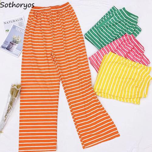 Sleep Bottoms Women Striped Colorful Trendy Oversize Loose Leisure Chic Elastic Waist Womens Simple Pajama Pants Sleepwear Home
