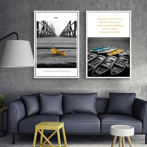 Modern Black White Boat Canvas Painting Red Balloon Wall Art Poster Yellow Leaf Motivate Quotes Print Picture for Living Room