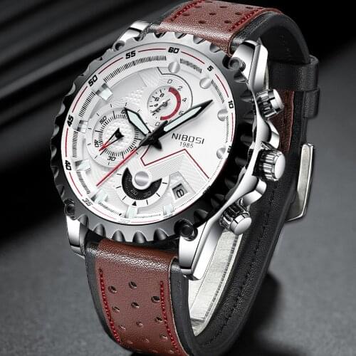 NIBOSI Retro Leather Sport Mens Watch Fashion Waterproof Chronograph Luminous Auto Date Quartz Mens Watch Relogio Masculino
