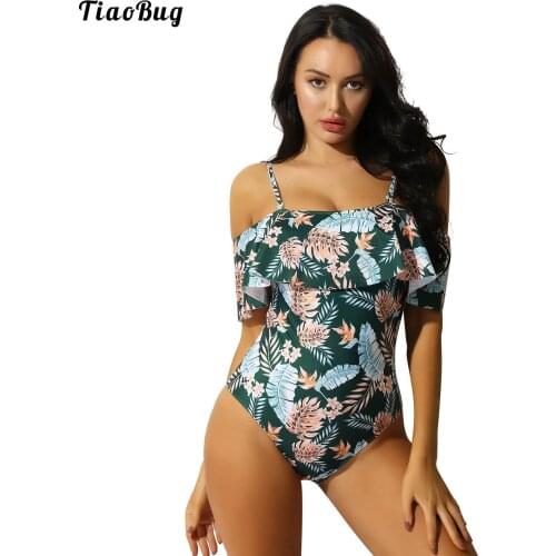 TiaoBug Women Summer Flower Print Off Shoulder Ruffled Swimming Bodysuit One Piece Bathing Suits Swimwear Bikini Jumpsuit
