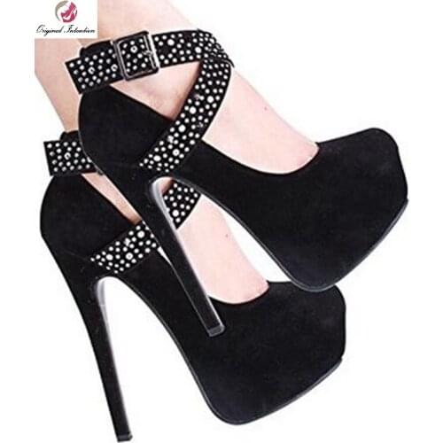 Womens Platform Pumps Women Summer Buckle Strap Crystal High Heels Shoes Black Round Toe Zapatos Mujer Gladiator Suede Stiletto