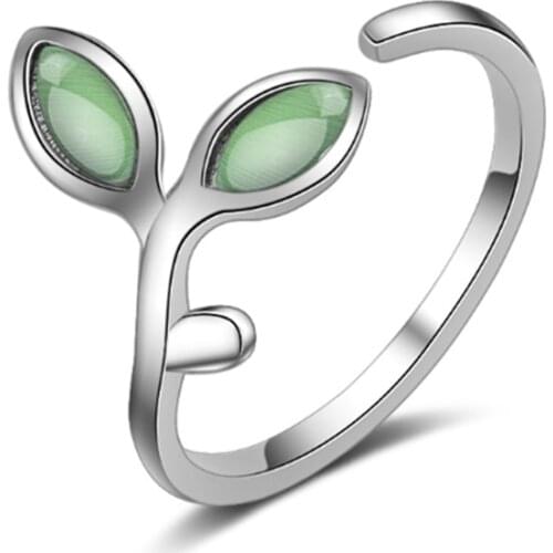 Net red female models fresh personality wild green leaves sprouts crystal opening silver plated rings SA044