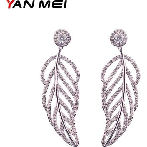 YAN MEI 2017 New Women Jewelry Feather Cubic Zirconia Earring Romantic Dangle Earrings Fashion Jewelry GLE6686Y