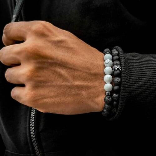 8mm Lava stone beads Men Crown bracelet 2pcs/set handmade mens jewelry pulseras bracelets homme bijoux hippie armband bileklik