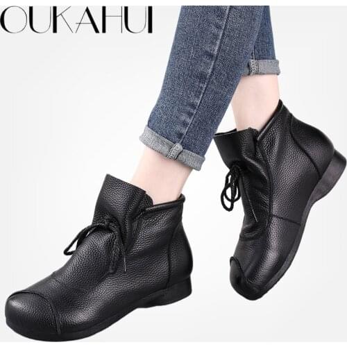 OUKAHUI High Quality Spring Autumn Vintage Real Leather Ankle Boots For Women Flat Low Heel Round Toe Soft Winter Boots Woman
