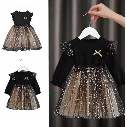 Black Girl Dress Long Sleeve Party Dress Kids Princess Dresses for Girls Child with Bling Star from 2 to 7 Years