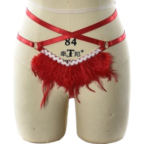 Women Punk Feather G-String Body Harness Rave Wear Goth Sexy Pantie Adjustable Bandage Lingerie Bottom Body Cage Harness Thongs