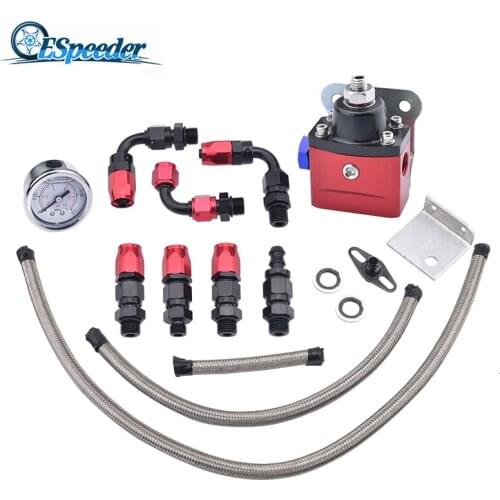 ESPEEDER Universal Aluminum Pressure Regulator FRP Adjustable With Gauge Hose End AN6 Fitting Set Engine Parts