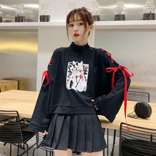 Summer Womens clothing cosplay Anime fox printed cross ribbon Lolita Girls' T-shirt harajuku spring Top skirt hoodies