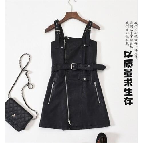 New Autumn Fahion Women PU Overalls Female Sleeveless Zipper Dress Slim Black Tank Dress Lady Vestidos Streetwear Mini Hot WZ516