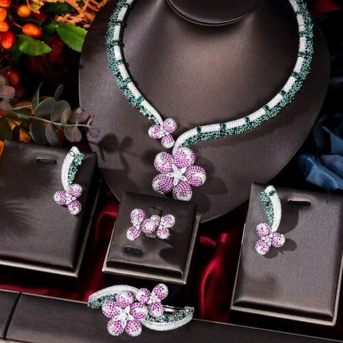 Soramoore Super Luxury Charm 4PCS Shiny Necklace cubic Zircon Jewelry Sets For Women Wedding African Nigerian Party Jewelry Set