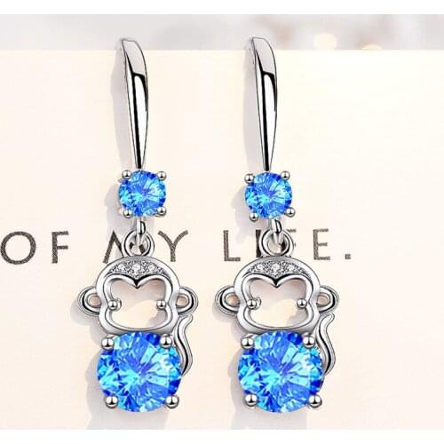 Cute Monkey Dangle Earrings Blue Pink White Round Stone Earrings Luxury Crystal Zircon Drop Earrings For Women Wedding Jewelry