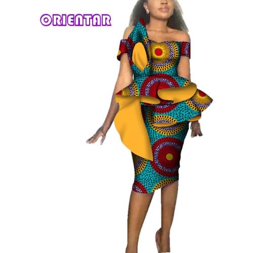 Fashion African Dresses for Women Party Wedding Africa Wax Print Bazin Riche Dress Women Sexy Slash Neck Midi Dress WY3689