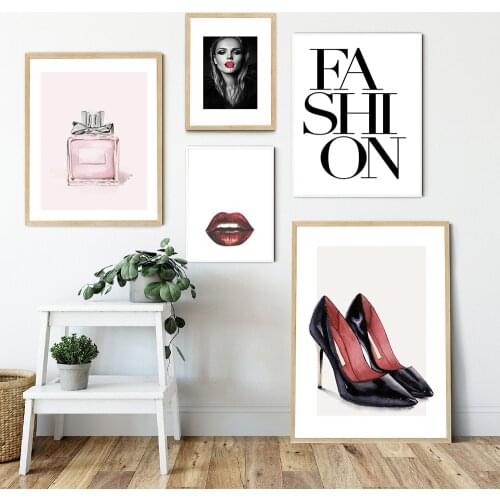 Fashion Girl High Heels Pink Perfume Red Lips Nordic Posters And Prints Art Canvas Painting Wall Pictures For Living Room Decor