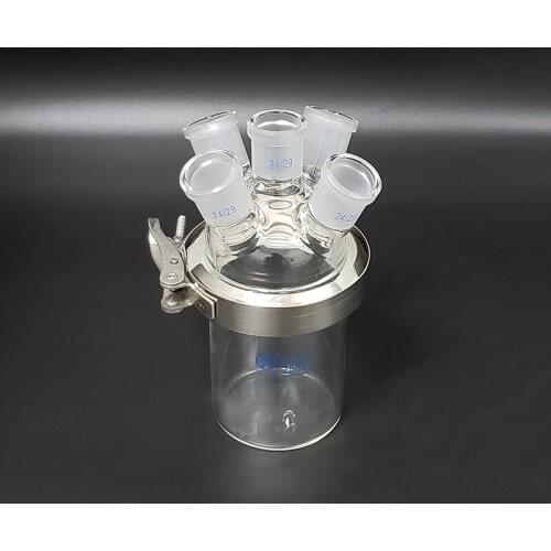 Single-layer cylindrical flat bottom open reactor bottle 250ml,100mm flange,With iron clip,Cover with Five ground mouth 24/29