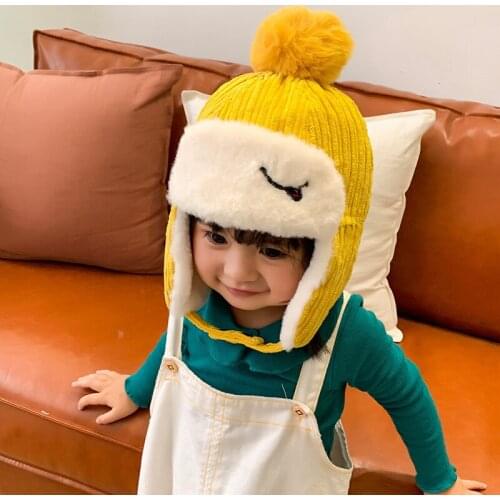 Baby boy girl hats autumn winter plus velvet earmuffs children Lei Feng hat baby hair ball lamb cashmere warm hat kids beanies