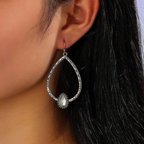 Hollow Teardrop Opal Crystal Hoop Earrings Vintage Antique Silver Color Carved Drop Dangle Earrings Charming Boho Ethnic Jewelry